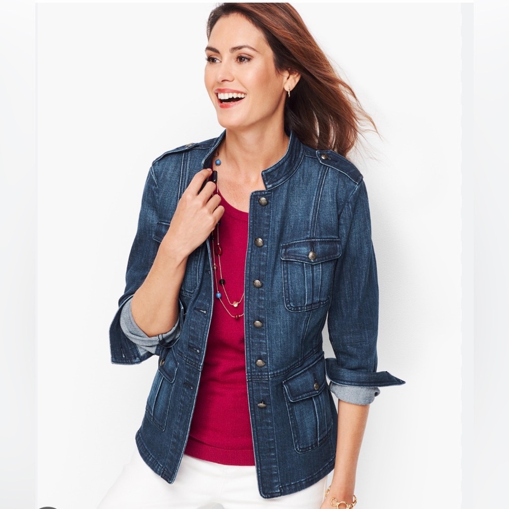 Talbots Jean Denim Med Band Collar Blue Retro Button Pockets Flaps